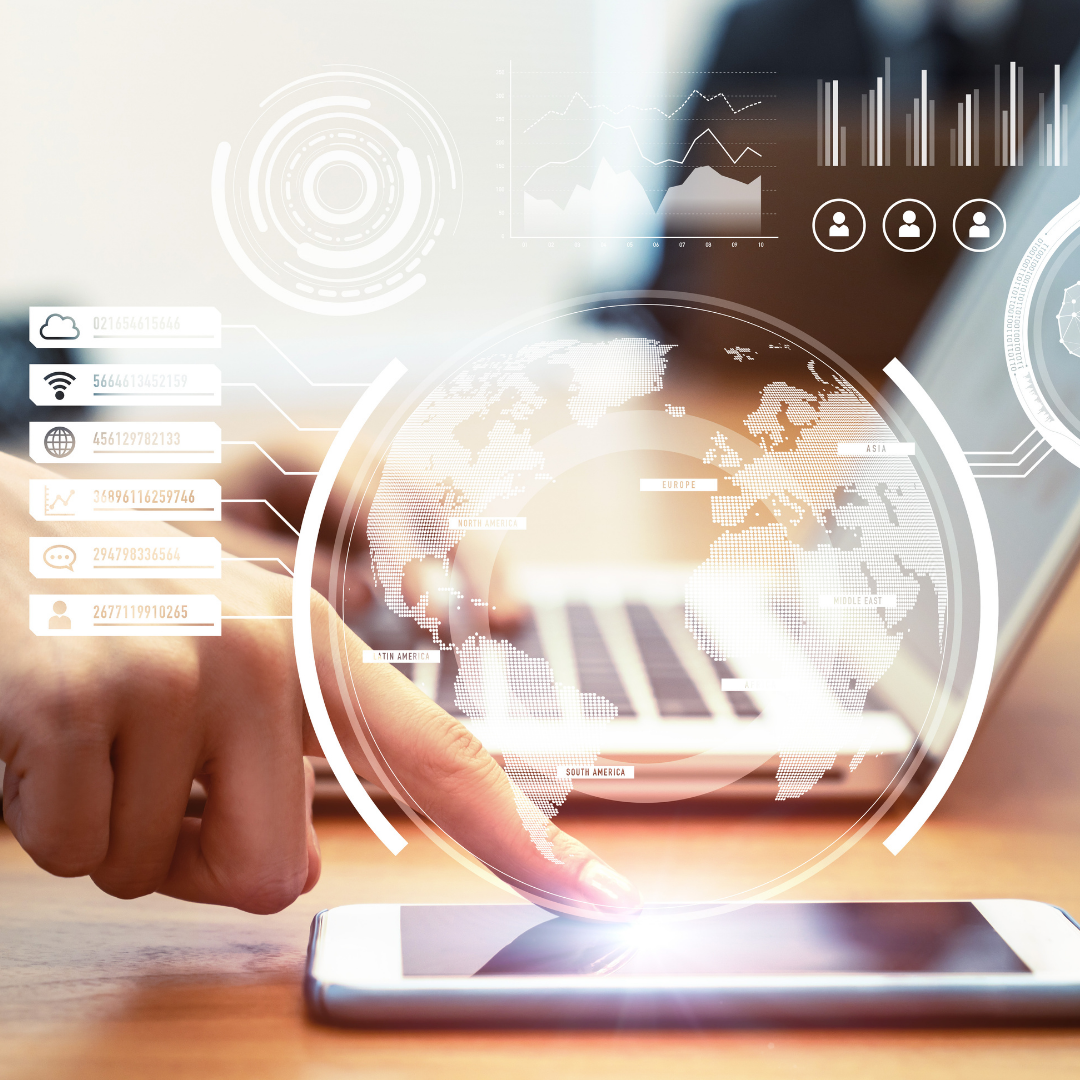 A finger touching a phone screen with digital graphics displaying about executive coaching services